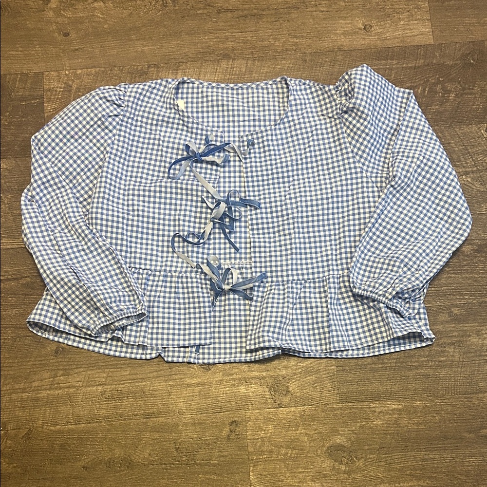 Elegant Blue Checkered Blouse with Bow Accents